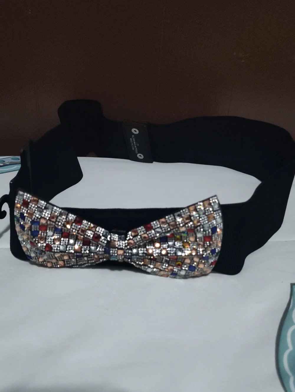 Embellished Bow Stretch Belt - Black with Multicolor Crystals
